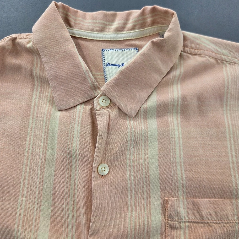 Tommy Bahama Mens XXL Pink Peach Striped Silk Button Up Beach‎ Shirt